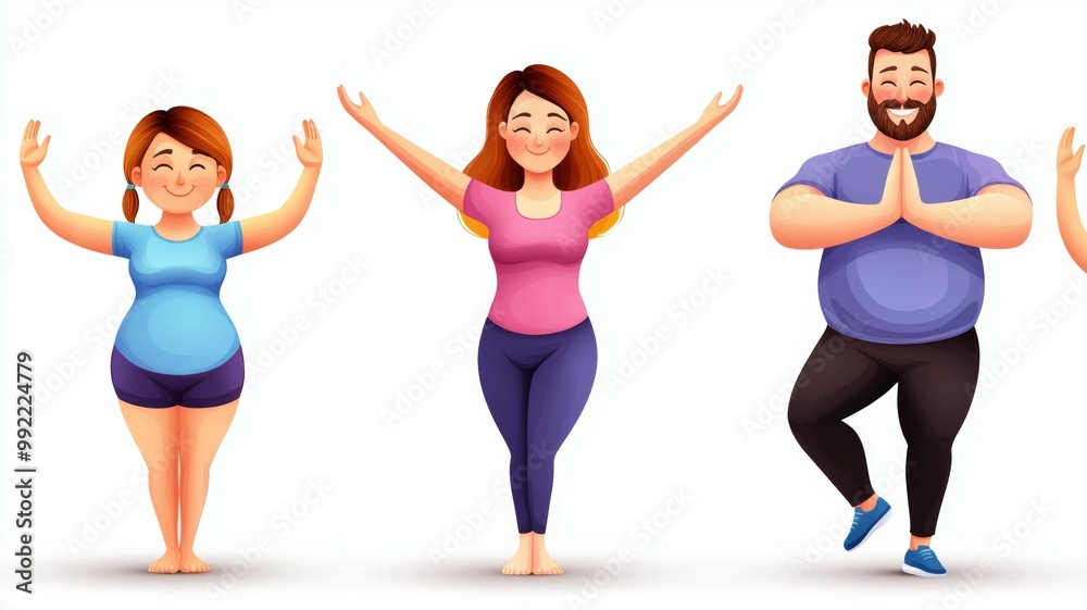 Three people are doing yoga poses in a row Three people are doing yoga poses in a row