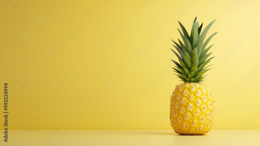 A yellow pineapple sits on a table in front of a yellow wall A yellow pineapple sits on a table in front of a yellow wall