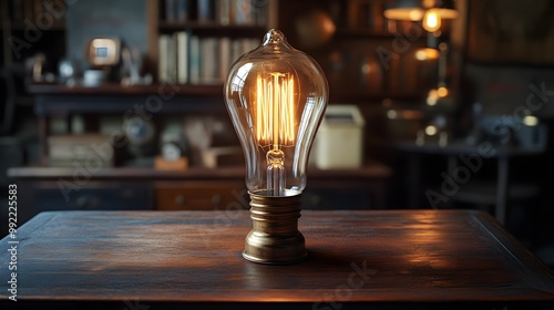 A vintage Edison light bulb gently flickers, casting a warm glow over an old wooden desk in a cozy, dimly lit study, representing a timeless moment of reflection