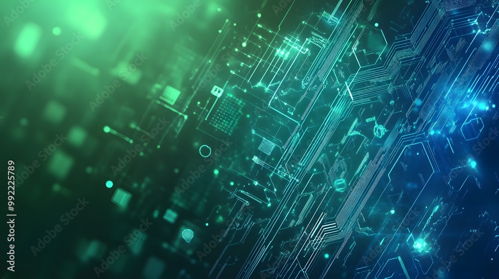 Abstract Digital Circuitry with Green and Blue Glowing Lines Abstract Digital Circuitry with Green and Blue Glowing Lines