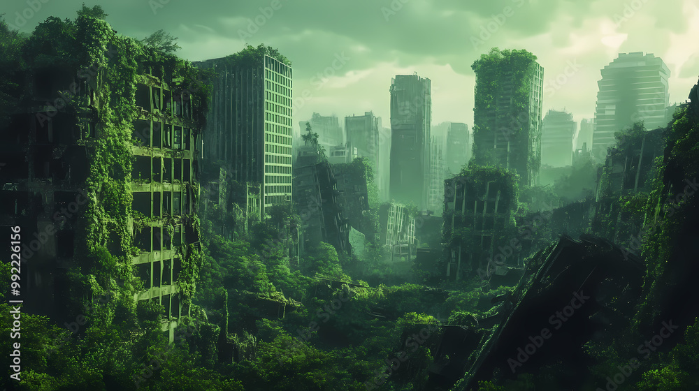 Obraz premium Abandoned post-apocalyptic city, overgrown ruins, zombie apocalypse ruins, green future dystopia. Futuristic Wasteland. Illustration