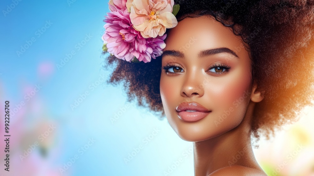 A woman with a flower in her hair is the main focus of the image A woman with a flower in her hair is the main focus of the image