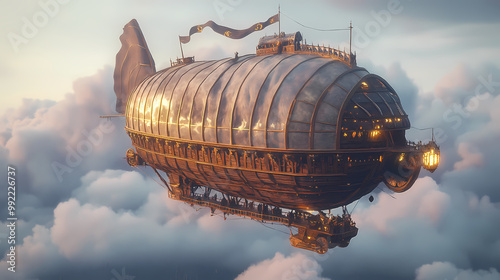 Adventurous medieval airship stylized travel. smoke model. generate ai. Airship. Illustration photo