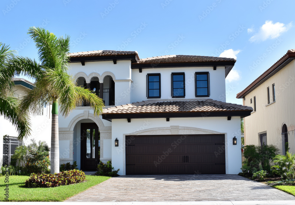 A white and brown color-themed, modern two-story house with dark windows. In the front of the home, there is a garage door with a large palm tree