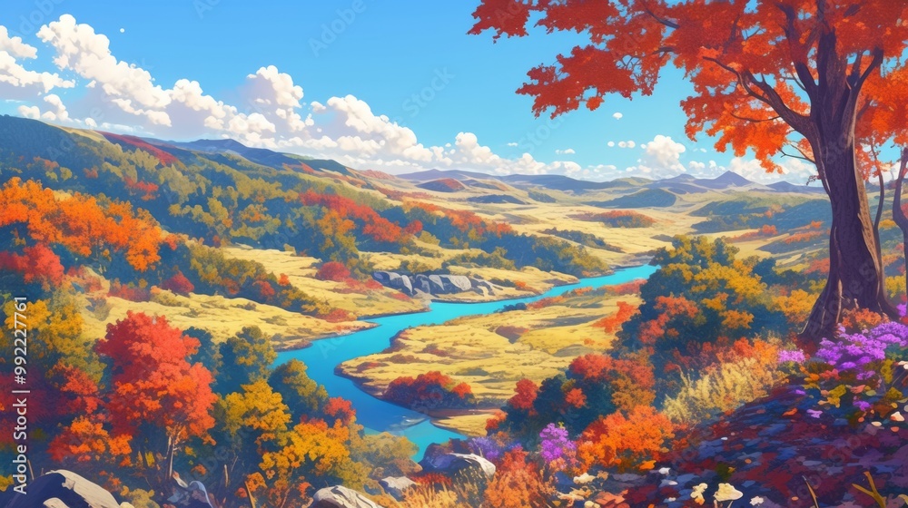 A breathtaking autumn landscape featuring rolling hills adorned with vibrant foliage. The scene captures the essence of fall, with warm colors of red, orange, and yellow blanketing the hills A breathtaking autumn landscape featuring rolling hills adorned with vibrant foliage. The scene captures the essence of fall, with warm colors of red, orange, and yellow blanketing the hills