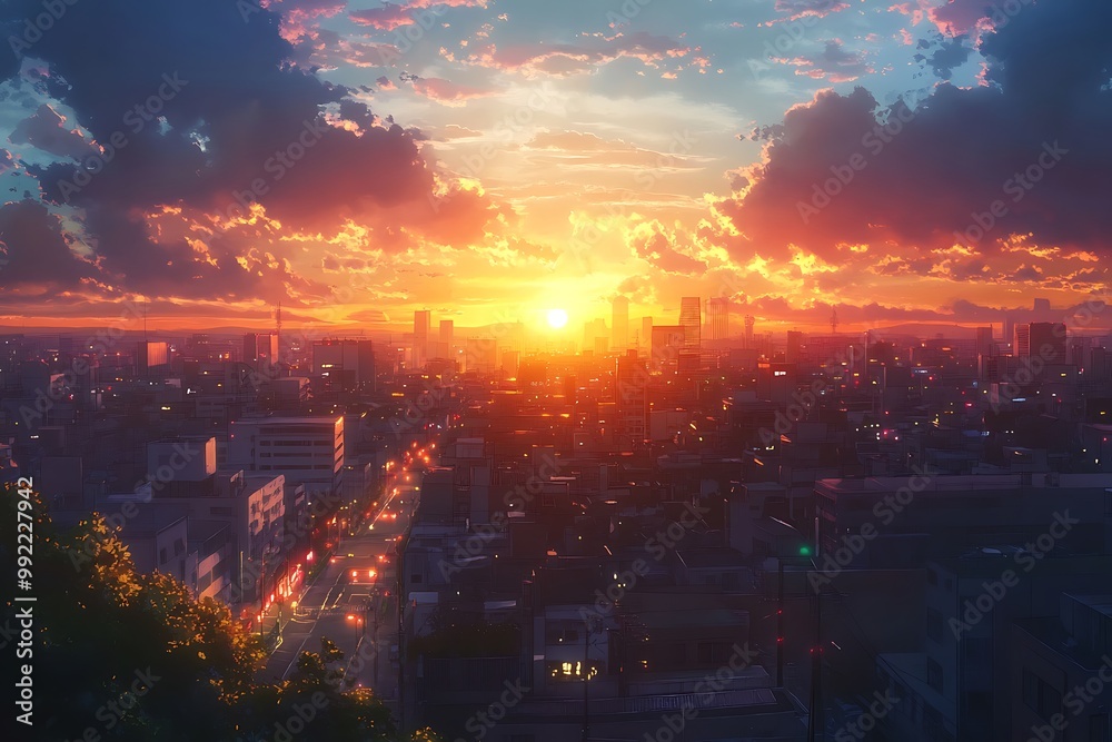 Sunset over a city skyline with clouds and traffic. Cityscape background Sunset over a city skyline with clouds and traffic. Cityscape background