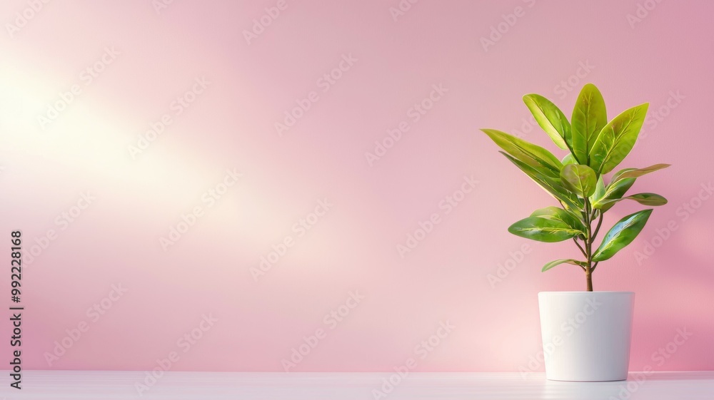 A white plant in a white pot sits on a table in front of a pink wall