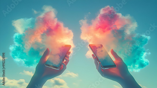 Two Hands Holding Smartphones with Colorful Clouds Reflecting on Screens in a Blue Sky