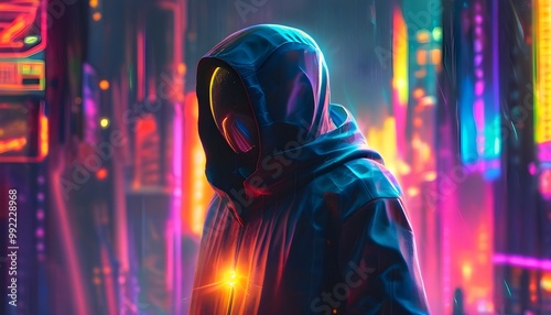 Mysterious hooded figure in a neon-lit futuristic city, radiating an ethereal glow from an internal energy source