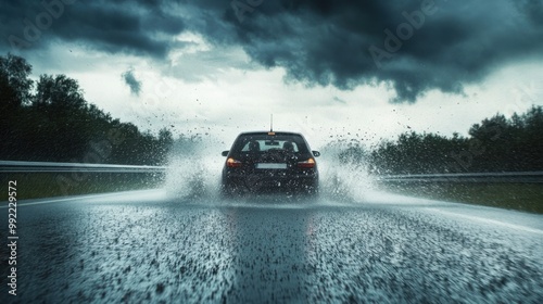 Wallpaper Mural A car driving through a rainstorm on a highway, with water splashing up from the road and dark clouds in the sky. Torontodigital.ca