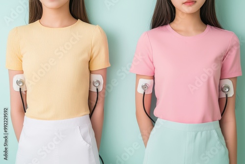 Two young women wear stylish pastel shirts with health monitoring devices attached to their arms, set against a calming teal backgroundHealth and medical checkup concept photo