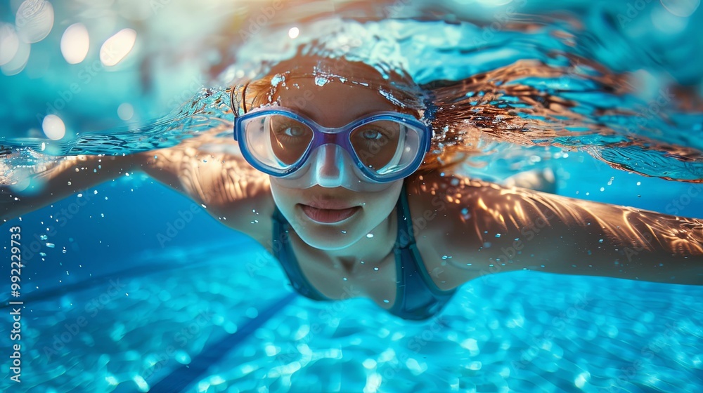 Fototapeta premium Underwater Portrait of a Woman Wearing a Swimming Goggles