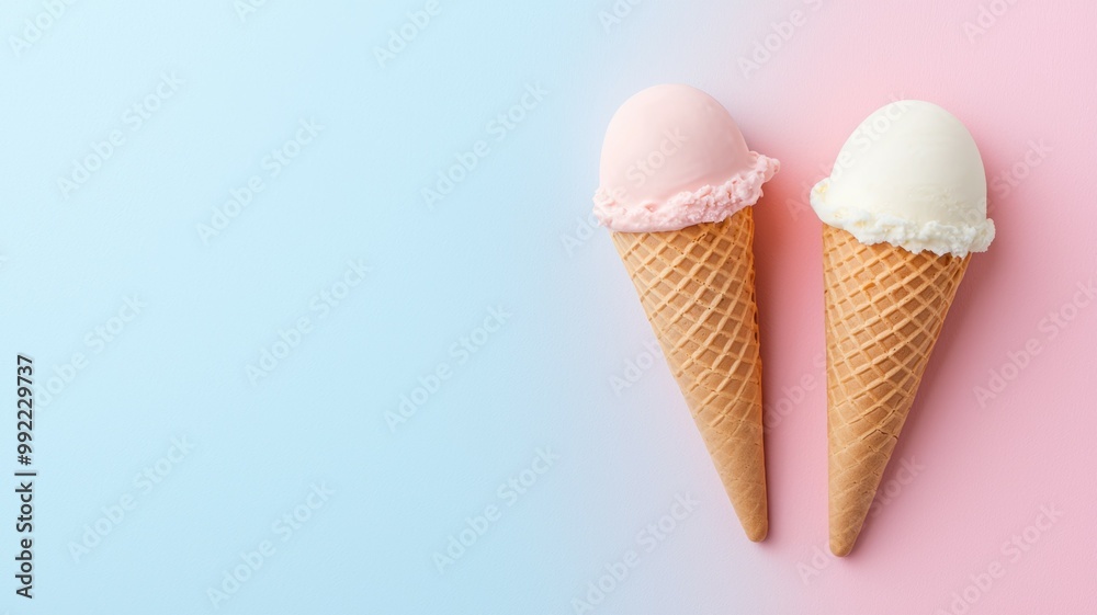 Two ice cream cones with pink and white ice cream on a blue background Two ice cream cones with pink and white ice cream on a blue background