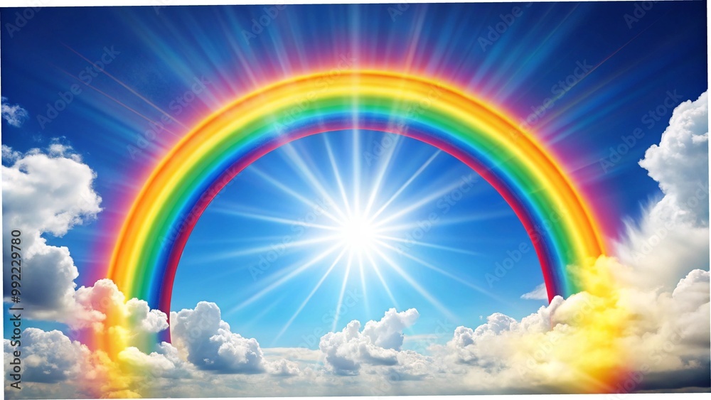 Colorful rainbow shining in a bright blue sky with fluffy clouds and a vibrant landscape below Colorful rainbow shining in a bright blue sky with fluffy clouds and a vibrant landscape below
