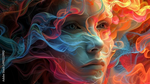 Abstract Portrait with Flowing Colors and a Woman's Face