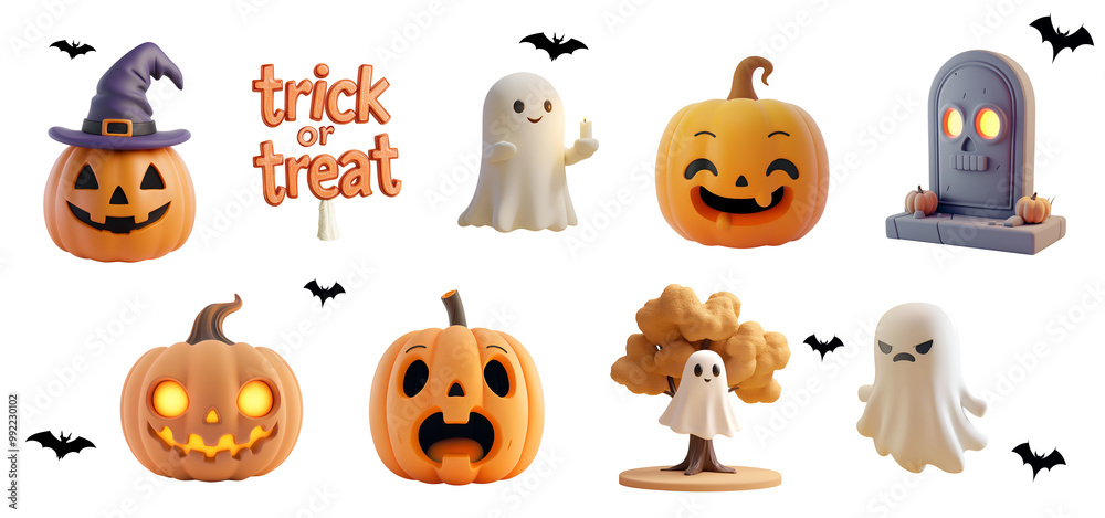 Graphic Elements for Halloween Parties: Set Collection of 3D Cartoon Halloween Ghosts and Pumpkins, Isolated on Transparent Background, PNG Graphic Elements for Halloween Parties: Set Collection of 3D Cartoon Halloween Ghosts and Pumpkins, Isolated on Transparent Background, PNG