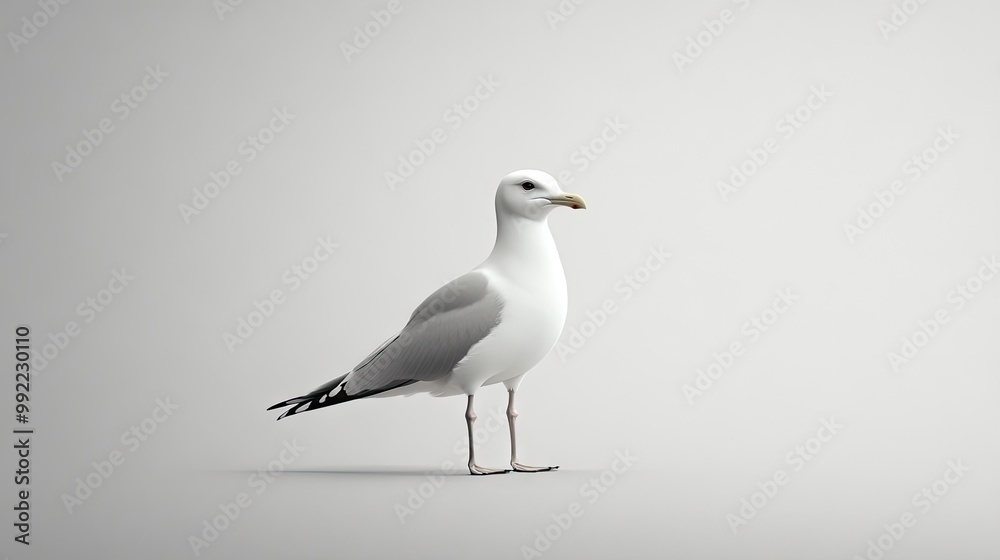 A lone white seagull standing calmly, isolated against a solid grey background. The simplicity of the scene highlights the bird's natural beauty. A lone white seagull standing calmly, isolated against a solid grey background. The simplicity of the scene highlights the bird's natural beauty.