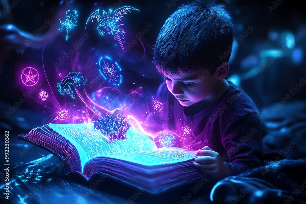 Obraz premium A child learning magic from a glowing book, with mystical symbols and creatures floating out of the pages in a fantasy setting