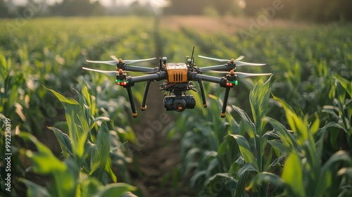 Drone Flying Over Green Cornfield During Sunset