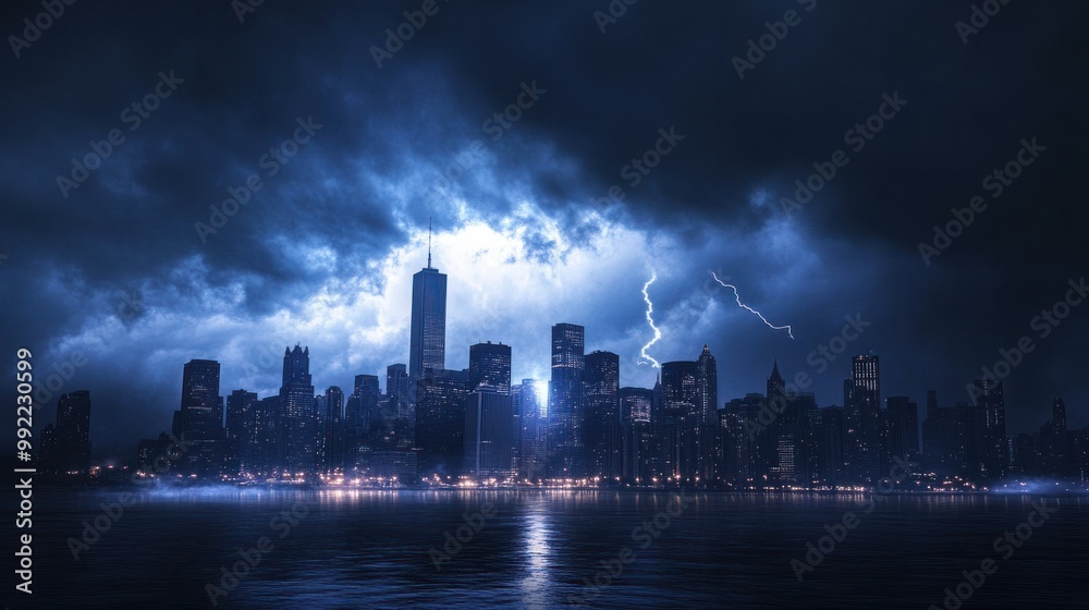 Obraz premium A city skyline silhouetted against an approaching storm, with heavy clouds rolling in and flashes of lightning in the distance.