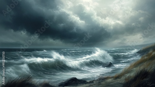 A coastal landscape during a storm, with waves crashing against the shore and dark clouds gathering overhead.