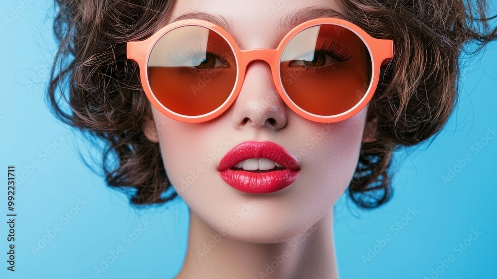 A woman with red lipstick and orange sunglasses A woman with red lipstick and orange sunglasses