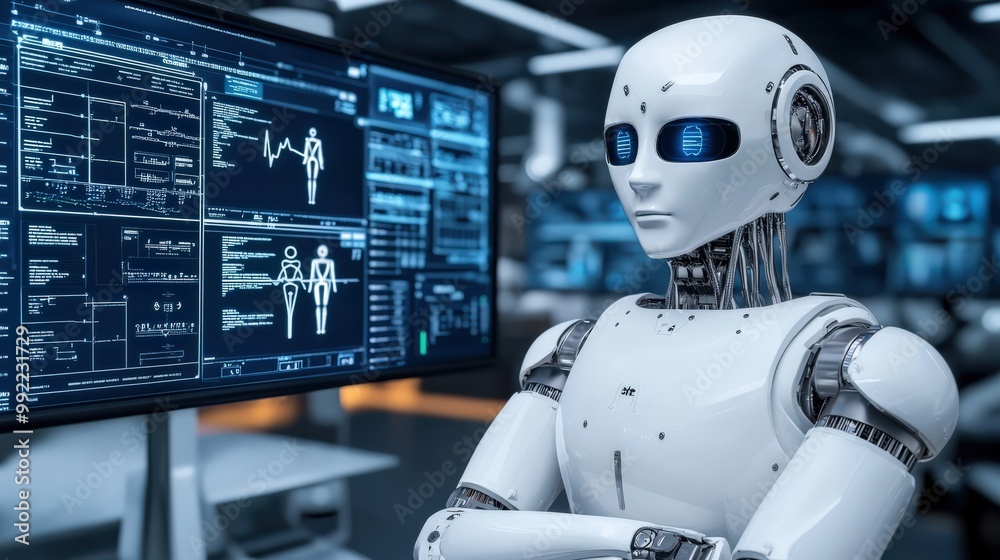 A futuristic robot stands in a high-tech environment, observing data on screens, embodying advancements in artificial intelligence and roboticsHealth and medical checkup concept A futuristic robot stands in a high-tech environment, observing data on screens, embodying advancements in artificial intelligence and roboticsHealth and medical checkup concept