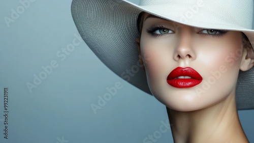 A woman with red lips and a white hat