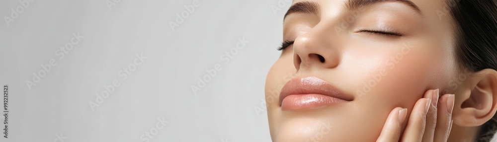 Close Up of Woman s Face with Smooth Skin and Glossy Lips Close Up of Woman s Face with Smooth Skin and Glossy Lips