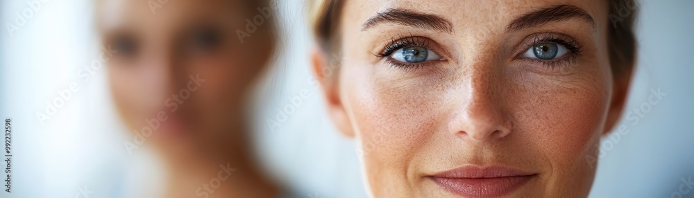 Fototapeta premium Closeup of Woman s Face with Blue Eyes and Freckles