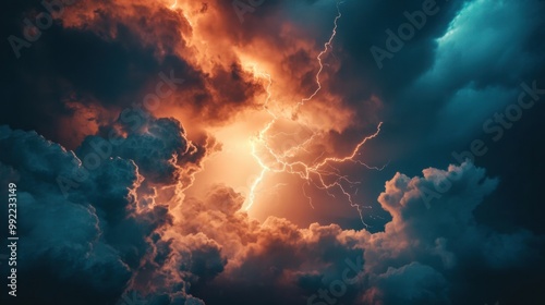 A dramatic shot of lightning streaking across the sky during a nighttime thunderstorm, illuminating the dark clouds.