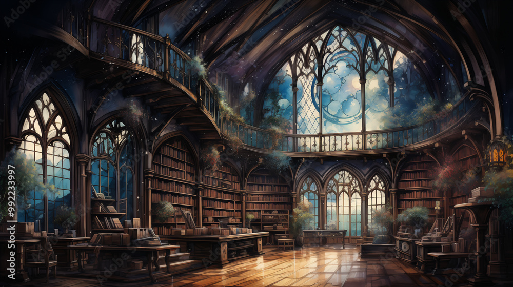 Fototapeta premium A magical library filled with towering bookshelves, intricate architecture, and stunning stained glass window.