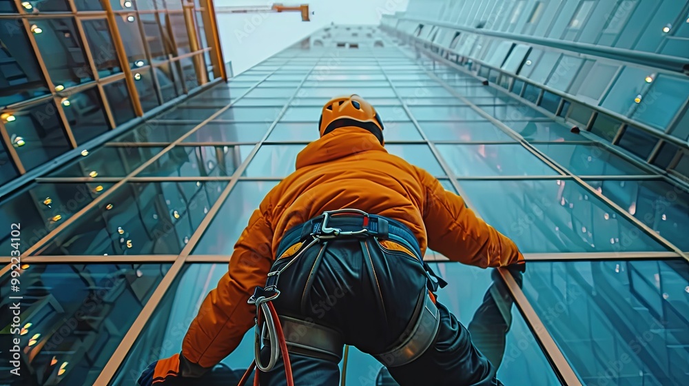 Fototapeta premium A Window Washer Suspended from a High-Rise Building