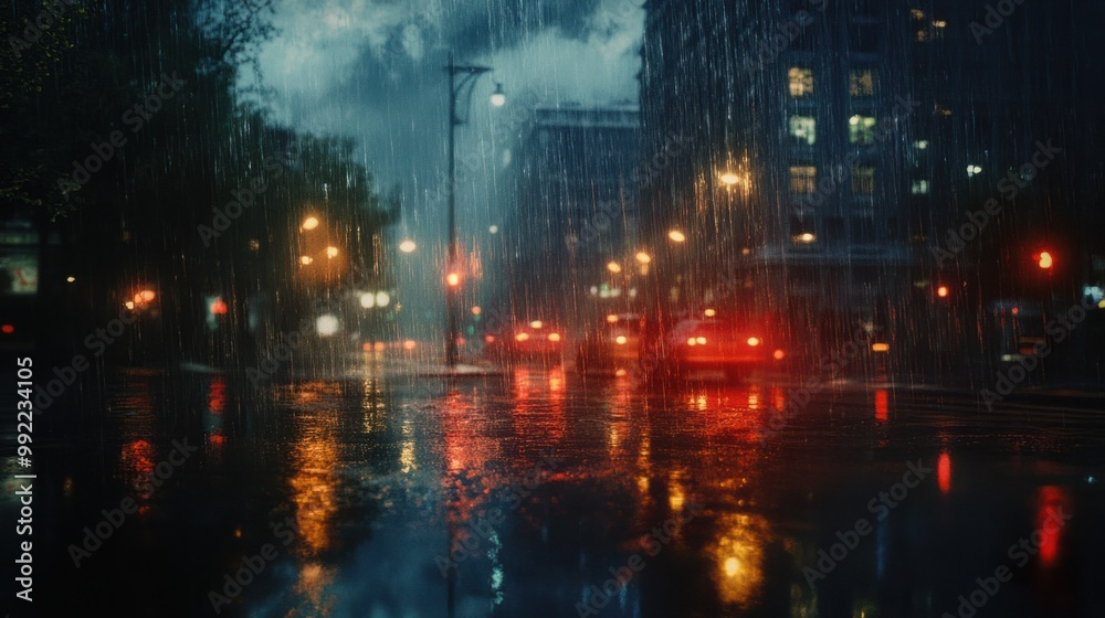 Fototapeta premium A heavy rainstorm over a city street, with reflections of streetlights in the water and dark clouds looming above.
