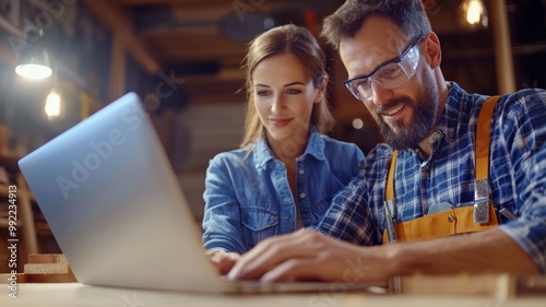 A man and a woman are looking at a laptop together