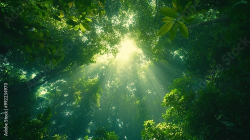 Sunlight Filtering Through a Dense Canopy of Lush Green Leaves in a Forest