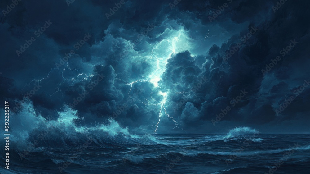 A powerful thunderstorm over an ocean, with dramatic lightning illuminating the dark clouds and waves crashing below.