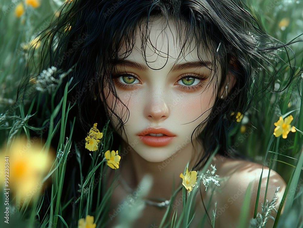 Beautiful Woman with Green Eyes in a Field of Flowers Beautiful Woman with Green Eyes in a Field of Flowers