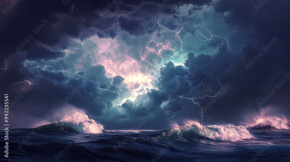 A powerful thunderstorm over an ocean, with dramatic lightning illuminating the dark clouds and waves crashing below. A powerful thunderstorm over an ocean, with dramatic lightning illuminating the dark clouds and waves crashing below.