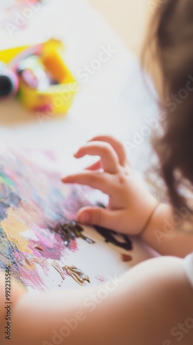 Child's Hands Creating Art with Colorful Materials