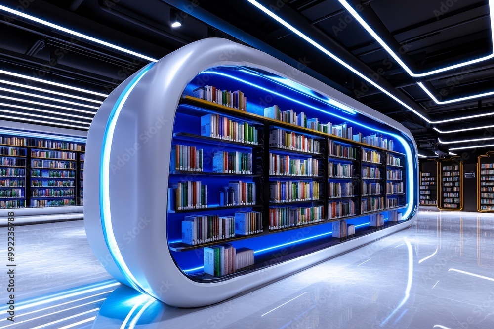 A 3D-rendered library for adult learners, with digital books and ...