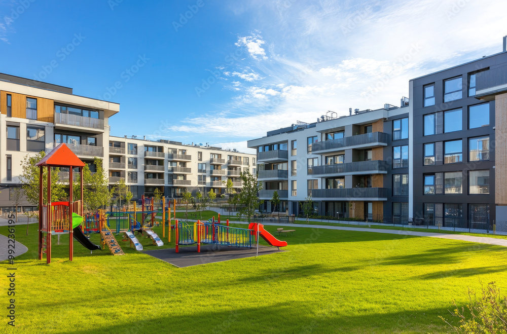 modern apartment buildings with children's playgrounds. In the background, there is a blue sky and green grass. modern apartment buildings with children's playgrounds. In the background, there is a blue sky and green grass.