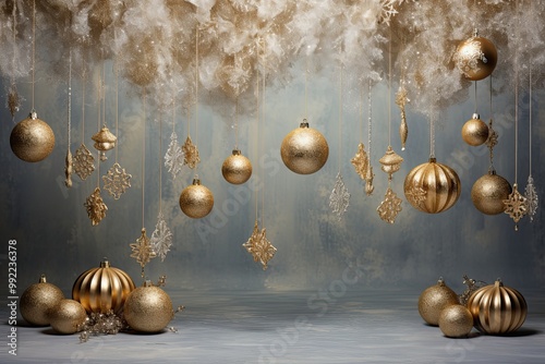 Adorned with Golden Sparkling Ornaments on Background Whimsical Wall Wonderland