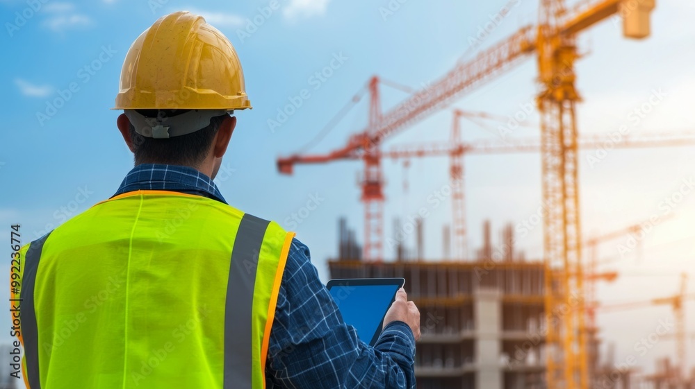 A construction worker wearing a yellow vest A construction worker wearing a yellow vest