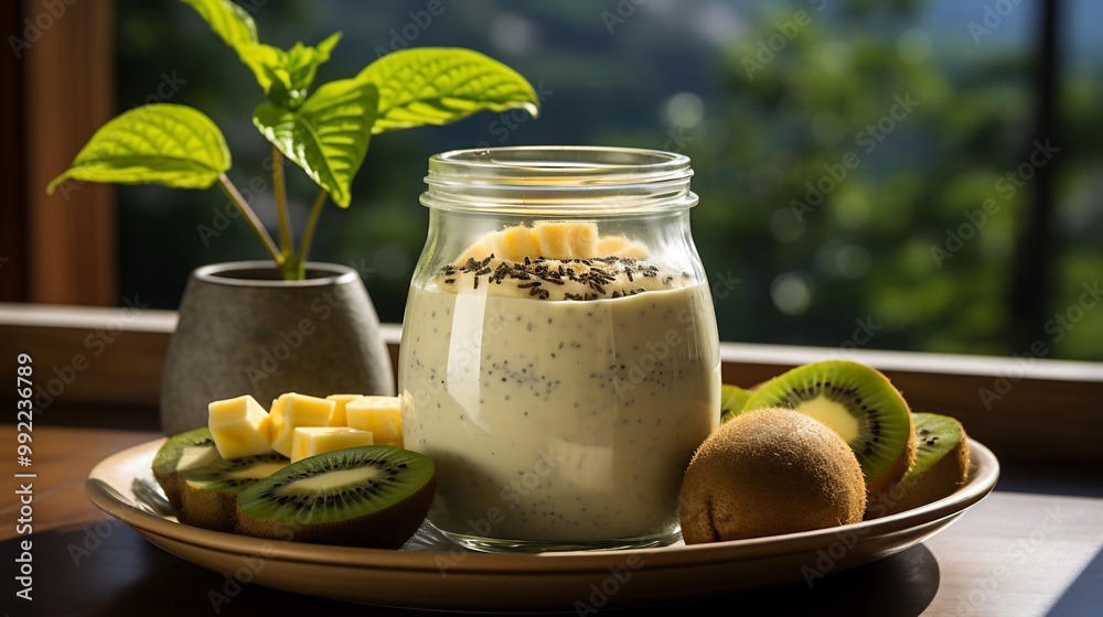 Mamoncillo fruit protein shake almond milk chia seed served mason jar vibrant outdoor fitness retreat yoga mat lush greenery softly blurred background promoting postworkout recovery Scientific name Mamoncillo fruit protein shake almond milk chia seed served mason jar vibrant outdoor fitness retreat yoga mat lush greenery softly blurred background promoting postworkout recovery Scientific name
