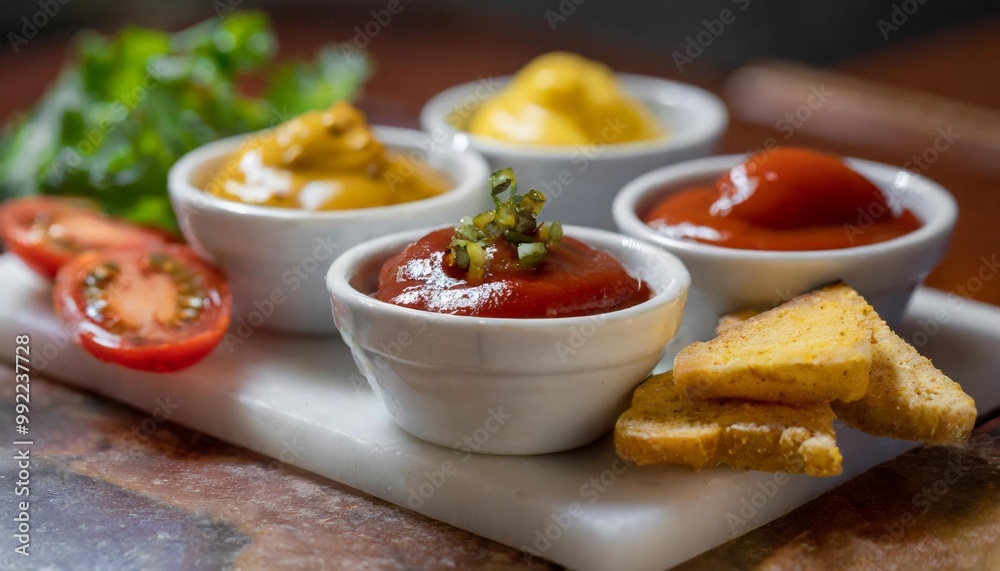 Classic condiment pairings with depth of field featuring ketchup, mustard, and relish Classic condiment pairings with depth of field featuring ketchup, mustard, and relish