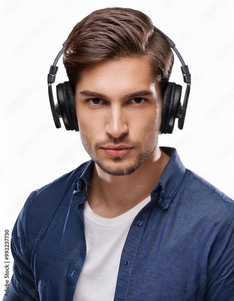 Focused Young Man Wearing Headphones Isolated on White Background, Clipping Path, Full Depth of Field Focused Young Man Wearing Headphones Isolated on White Background, Clipping Path, Full Depth of Field