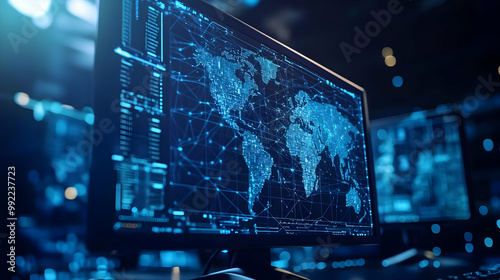 Digital World Map with Connecting Lines on a Computer Monitor Screen