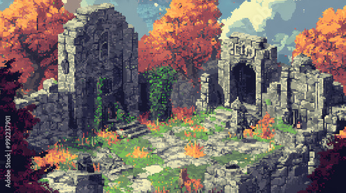 Create intricate pixel art landscapes for a roguelike adventure game where every decision matters. Dungeon Explorer. Illustration