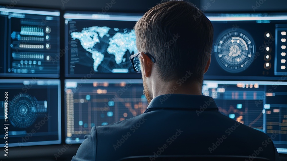 A man is sitting in front of a computer monitor with a globe on it A man is sitting in front of a computer monitor with a globe on it